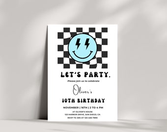Puede incluir: Un fondo a cuadros blanco y negro con una cara sonriente azul con rayos para los ojos. El texto "LET'S PARTY." está en una fuente retro en blanco y negro. El texto "Please join us to celebrate Oliver's 10TH BIRTHDAY" está en negro. El texto "NOVEMBER | 16TH | 2 TO 4 PM AT OLIVER'S HOUSE 123 HARBOR DRIVE, SAN DIEGO, CA RSVP TO JEN AT 123-456-7890" está en una fuente negra más pequeña.