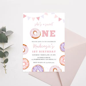 Editable Donut Birthday Invitation | Sweet One Birthday Invite | Canva Template | Girl 1st Birthday | Donut Grow Up | Donut Themed Birthday