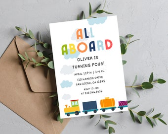 Train Birthday Invitation | Digital Download | Transportation Boy Birthday | All Aboard Modern Train Party Invite | Editable Canva Template
