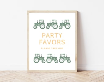 Puede incluir: Un cartel imprimible con un diseño de tractor verde y el texto "Party Favors, Please Take One".