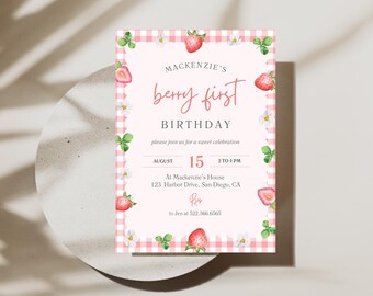 Strawberry First Birthday Invitation | Berry Sweet Theme (Editable Canva Template)