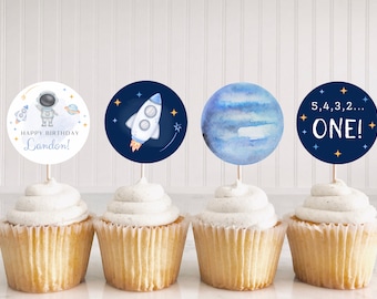 Decorazioni per cupcake per la festa di compleanno del primo viaggio intorno al sole / Decorazioni per feste spaziali / Decorazioni per torte a tema astronauta / Modello Canva modificabile