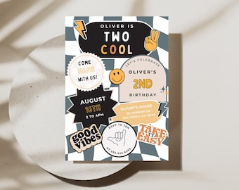 May include: A birthday party invitation with a checkered background and colorful stickers. The text reads "Oliver is Two Cool" and "Let's Celebrate Oliver's 2nd Birthday".