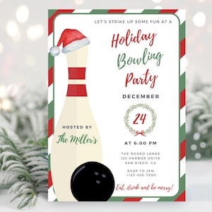 Party Einladung zum Bowlen | Sofortdownload | Urlaub Arbeit Party Bowling einladen | Bearbeitbare Canva Vorlage | Erwachsenen Weihnachtsparty