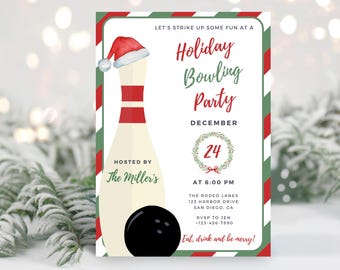 Christmas Bowling Party Invitation | Instant Download | Holiday Work Party Bowling Invite | Editable Canva Template | Adult Holiday Party