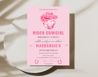 Inbjudan till discocowgirl-födelsedagsfest | Direkt nedladdning | Rosa discocowgirl-fest | Western rodeo-födelsedag | Redigerbar Canvas-mall
