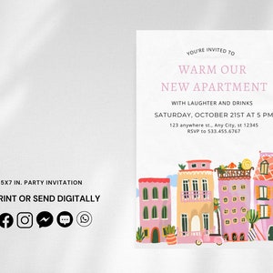 May include: A housewarming party invitation with a colorful illustration of a row of houses. The text reads "You're invited to Warm Our New Apartment with laughter and drinks. Saturday, October 21st at 5 PM. 123 anywhere st., Any City, st 12345. RSVP to 533.455.6767."