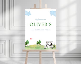 Modern Golf Birthday Party Welcome Sign | Instant Download | Hole in ONE Golf Party Decor |  Golf Themed Birthday | Editable Canva Template