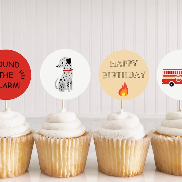 Fire Truck Party Cupcake Toppers | Instant Download | Printable Fire Engine Party Decor | Dalmatian Fire Fighter Party | Fire Truck Birthday