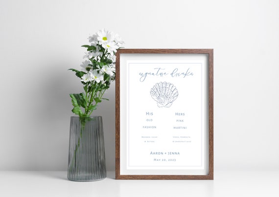 Coastal Themed Signature Drink Menu | Minimalist Beach Wedding | Printable Beach Themed Bar Sign | Instant Download | Editable Drink Menu