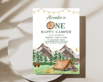 ONE Happy Camper Birthday Invitation | Instant Download | Boy 1st Birthday Happy Camper Invite | Editable Canva Template | Camping Birthday