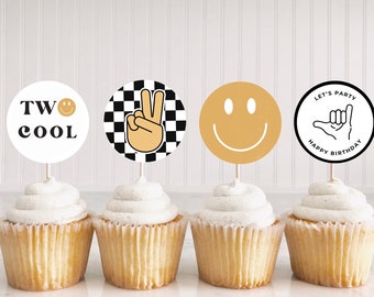 TWO Cool Party Cupcake Toppers | Digital Download | Boy 2nd Birthday | TWO Cool Smiley Face Party | Printable Party Decor | Rad Party Topper