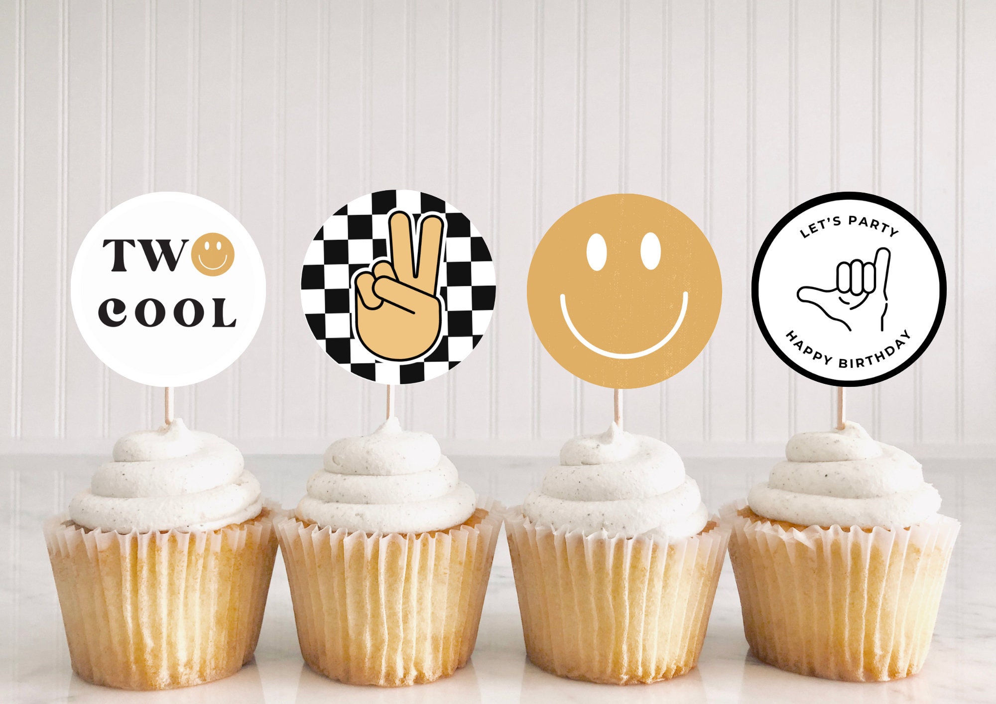 TWO Cool Party Cupcake Toppers Digital Download Boy 2nd Birthday TWO Cool Smiley Face Party Printable Party Decor Rad Party