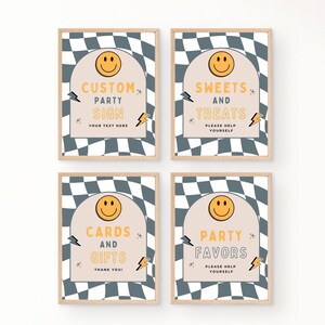 Retro Geburtstagsparty Tischschilder | Digitaler Download | Junge Geburtstag | Geschenk Essen Kariert Smiley Party | Bearbeitbare Canva Vorlage