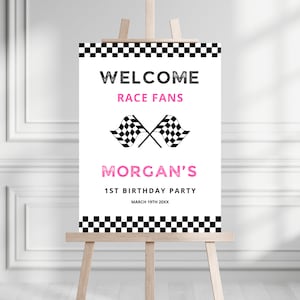 Roze welkomstbord verjaardagsfeestje raceauto | Fast One Raceauto-feestdecor | Direct downloaden | Bewerkbaar bord voor welkomstrace fans