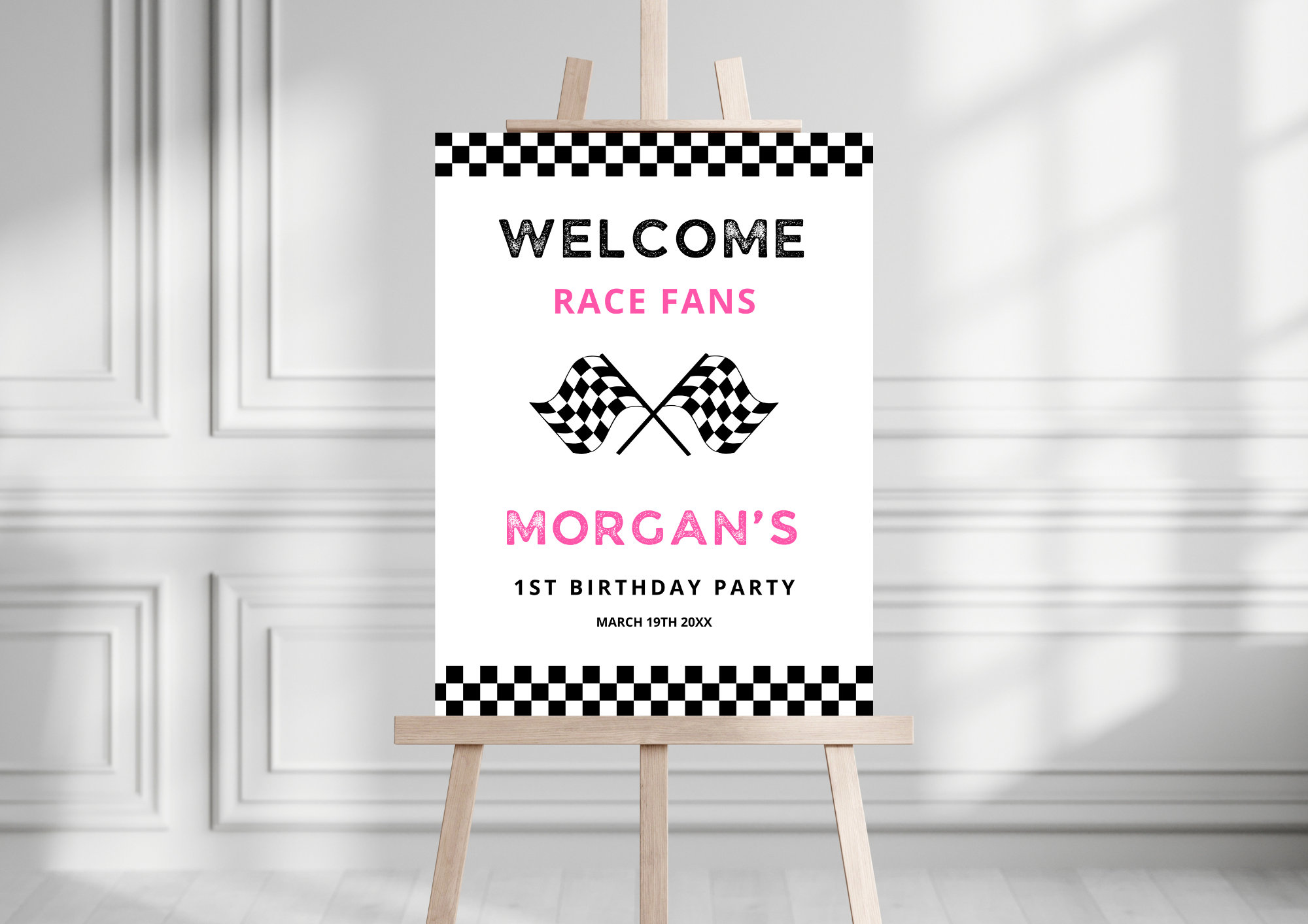 Pink Race Car Birthday Party Welcome Sign | Fast One Race Car Themed Party Decor | Instant Download | Editable Welcome Race Fans Party Sign