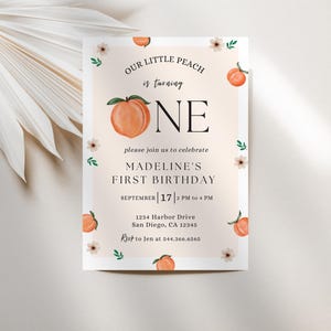 Peach First Birthday Party Invitation | Instant Download | Peach Themed 1st Birthday | Editable Canva Template | Sweet One Party Invitation