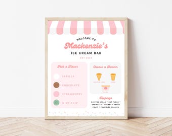 Ice Cream Bar Menu Party Sign | Instant Download | Summer Birthday Party Decor | Editable Template | Printable Pastel Ice Cream Cone Menu