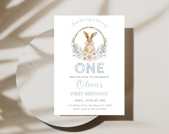 Blue Easter Bunny Birthday Party Invitation | Instant Download | Some Bunny is One Party | Editable  Canva Template | Boy 1st Birthday