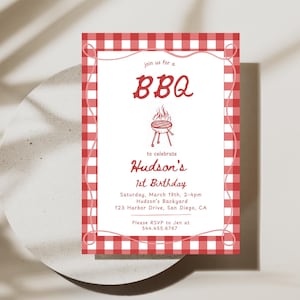 May include: Red and white checkered invitation for a BBQ to celebrate Hudson's 1st birthday. The invitation includes a drawing of a grill with flames and the text "Join us for a BBQ to celebrate Hudson's 1st Birthday. Saturday, March 19th, 2-4pm Hudson's Backyard 123 Harbor Drive, San Diego, CA Please RSVP to Jen at 544,455.6767"