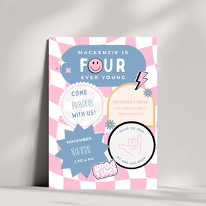 Pink Four Ever Young Birthday Invitation | Digital Download | Girl 4th Birthday | Printable Retro Smiley Face Invitation | Editable Template