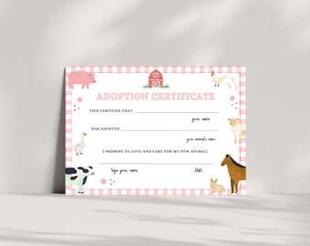 Adopt an Animal Adoption Certificate | Digital Download | Farm Animals Adoption Red Barn Party Decor | Pink Barnyard Printable Certificate