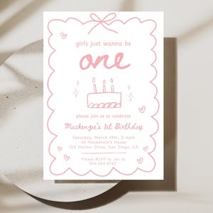 Girls Just Wanna Be ONE Birthday Party Invitation | Digital Download | Cute Pink Bow Girl 1st Birthday Invitation | Editable Canva Template