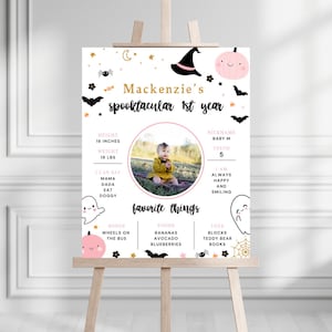 Bord Spooky One Birthday mijlpaal | Digitale download | Spookpompoen Halloween meisje statistiekbord 1e verjaardag | Bewerkbare canvassjabloon