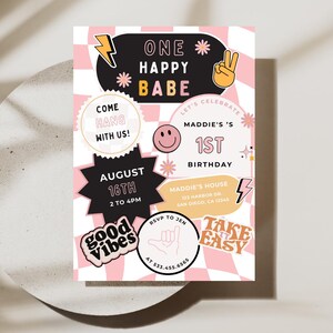 ONE Happy Babe Birthday Party Invitation | Digital Download | Girl 1st Birthday | Retro Checker Smiley Face Invite | Editable Canva Template