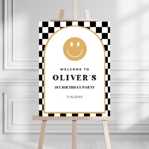 ONE COOL Dude Birthday Party Welcome Sign | Digital Download | Boy Birthday Party | Retro Smiley Face Party Sign | Editable Canva Template