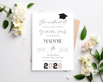 She Mastered It Graduation Party Invitation | Editable Template | Printable School Graduation Invite | Instant Download | Class of 2026