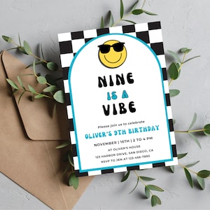 Nine is a Vibe Birthday Invitation | Digital Download | Boy 9th Birthday | Retro Checkered Smiley Face Invitation | Editable Canva Template