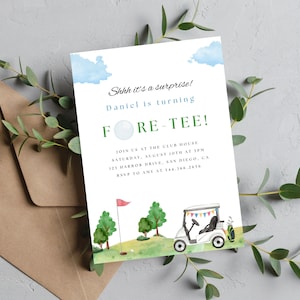 Invitación de cumpleaños de golf FORE-TEE / Descarga instantánea / Invitación sorpresa de golf para 40 cumpleaños / Imprimir o enviar texto / Cumpleaños con temática de golf
