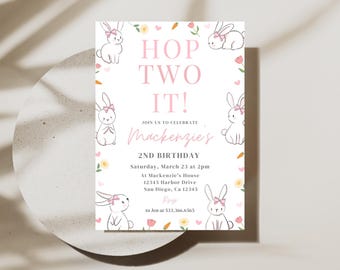 Hop Two It Bunny Birthday Invitation | Girl 2nd Birthday | Instant Download | Some Bunny 2nd Birthday Invitation | Editable Canva Template