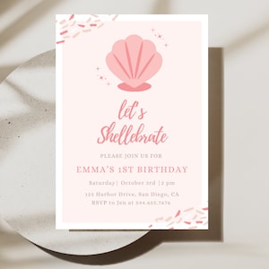 Invitación para fiesta de cumpleaños de Shellebrate / Descarga instantánea / Invitación para fiesta de conchas marinas / Primer cumpleaños de sirena moderna / Plantilla editable