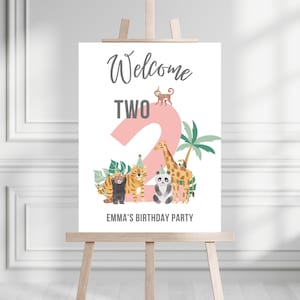 Zwei Wilde Geburtstagsfeier-Willkommens-Schild | Sofortdownload | Mädchen 2.Geburtstag | Zwei Wilde Jungle Party | Canva Vorlage | Safari-Party
