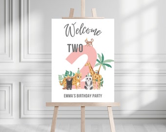 Pink Two Wild Birthday Party Welcome Sign | Instant Download | Girl 2nd Birthday | Two Wild Jungle Party | Canva Template | Safari Party