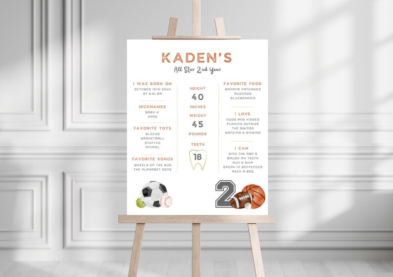 May include: A white printable poster with a brown and orange design. The poster is titled "Kaden's All Star 2nd Year". It includes information about Kaden's height, weight, favorite foods, and other details. The poster also features illustrations of a soccer ball, baseball, basketball, and football.