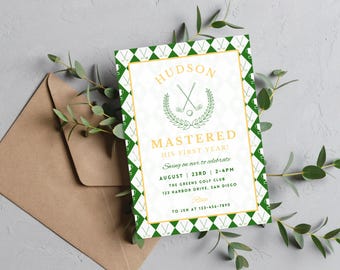 Golf First Birthday Party Invitation | Instant Download | Mastered 1st Year Invitation | Golf Themed Party | Editable Canva Template