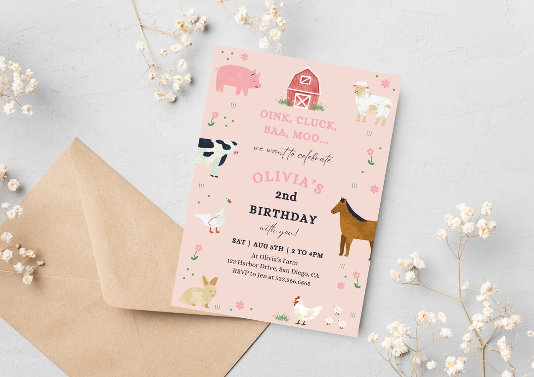 Pink Farm Birthday Party Invitation Digital Download Farm Animal Theme ...