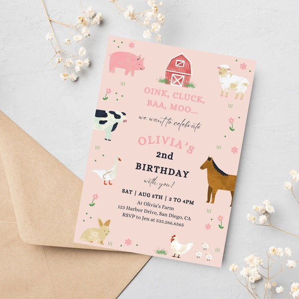 Pink Farm Birthday Party Invitation | Digital Download | Farm Animal Theme | Editable Template | Girl 2nd Birthday | Pink Barnyard Party