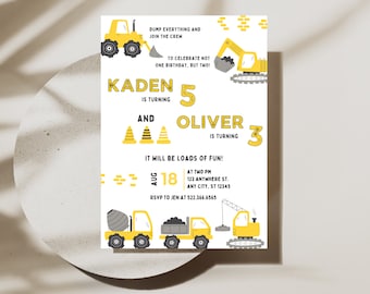 Zaproszenie na przyjęcie urodzinowe Construction Trucks | Natychmiastowe pobranie | Zaproszenie na urodziny Diggin' It Dump Truck | Edytowalny szablon Canva