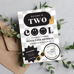 Retro TWO Cool Birthday Invitation | Digital Download | Boy 2nd Birthday | TWO Cool Smiley Face Invitation | Print or Text | Canva Template