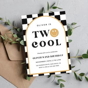 TWO Cool Birthday Invitation | Digital Download | Boy 2nd Birthday | Retro TWO Cool Smiley Face Checkered Invite | Editable Canva Template