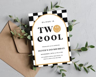 May include: A black and white checkered birthday invitation with a gold arch. The text reads "Oliver is Two Cool" with a smiley face. The invitation includes details for Oliver's 2nd birthday party.