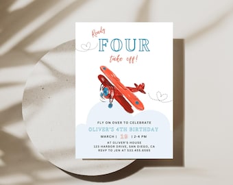 May include: A red and white airplane illustration with a blue sky and clouds. The text "Ready Four take off!" is at the top of the invitation. The text "Fly on over to celebrate Oliver's 4th Birthday March 1 19 12-4 PM at Oliver's House 123 Harbor Drive, San Diego, CA RSVP to Jen at 533.455.6565" is at the bottom of the invitation.