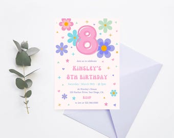 Invitación retro para octavo cumpleaños con margaritas / Invitación floral para octavo cumpleaños / Fiesta de cumpleaños para niñas preadolescentes / Plantilla editable de Canva
