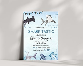 May include: Blue and white shark-themed birthday party invitation with the text "JOIN US FOR A SHARK TASTIC CELEBRATION Oliver is turning 4!"  Saturday, August 9th 2:00 PM - 4:00 PM 123 Harbor Drive, San Diego RSVP Jen at 533.266.3636 Come for a quick BITE
