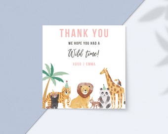 Pink Wild Animal Birthday Party Favor Tags | Instant Download | Two Wild Jungle Party Tags | Editable Canva Template | Wild ONE Party