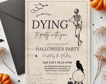 Modern Halloween Party Invitation, Digital Download, DYING to Party Adult Halloween Invite, Editable Canva Template, Vintage Halloween Party
